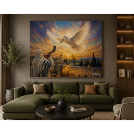 Western Wall prayer shawl and dove artwork by D. Hezy in a home setting