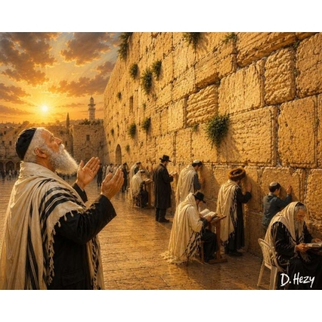 Western Wall oil painting with a man in prayer shawl praying at the Kotel at sunset