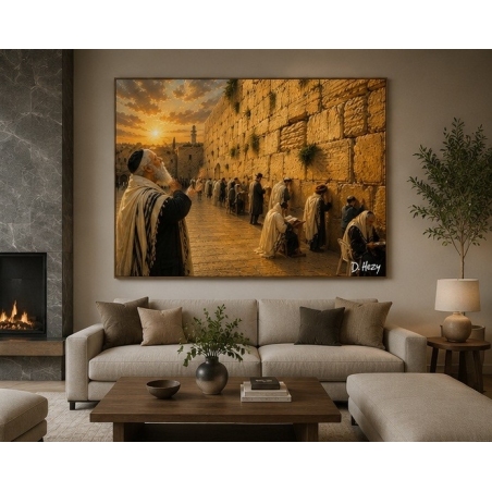 Sunset prayer western wall artwork by D. Hezy displayed in a living room