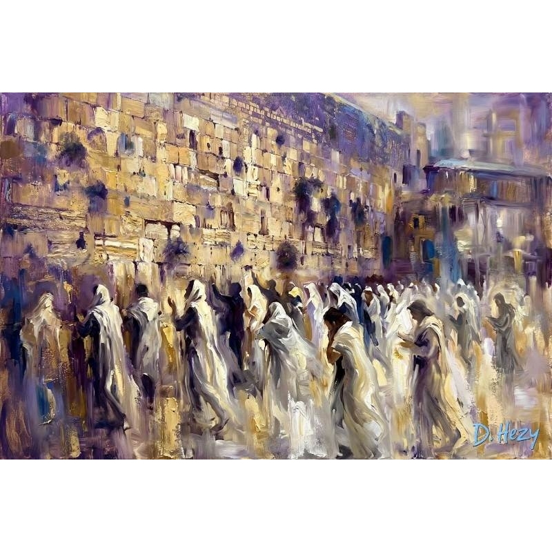 Western Wall painting showing a night procession of worshippers in deep purple tones