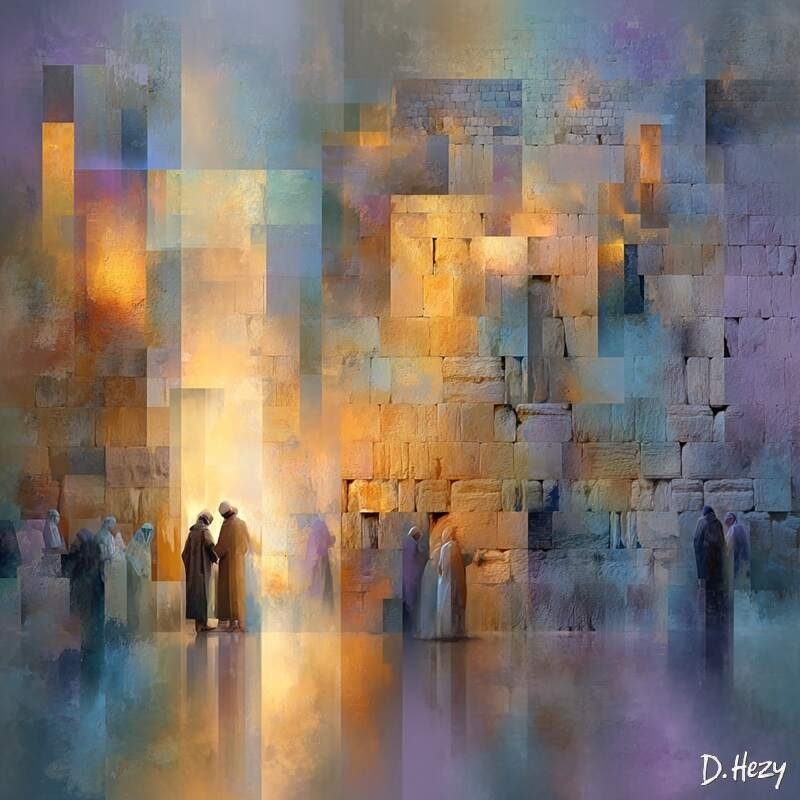 Abstract Western Wall painting with blurred reflections and spiritual light