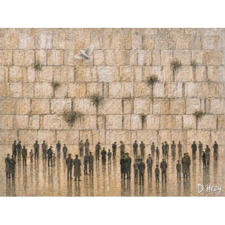 Minimalist Western Wall painting showing the towering Kotel stones with small silhouettes