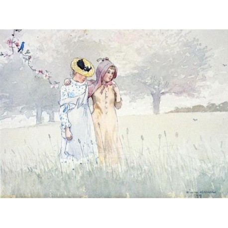 Girls Strolling in an Orchard by Winslow Homer - Art gallery oil painting reproductions